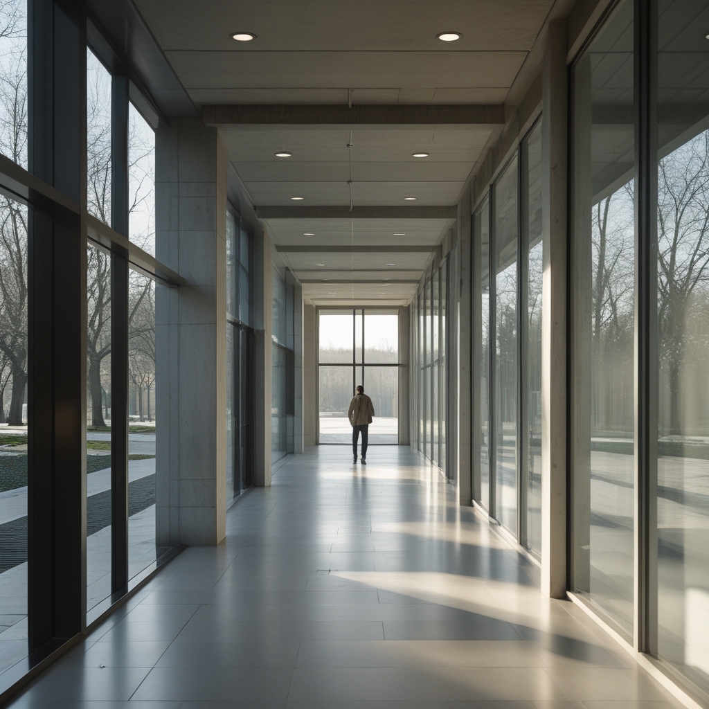Weiter, ruhiger Korridor in einem modernen Institutionsgebäude aus Beton und Glas, tiefes natürliches Licht dringt von der Seite durch lange Fenster ein, keine Personen