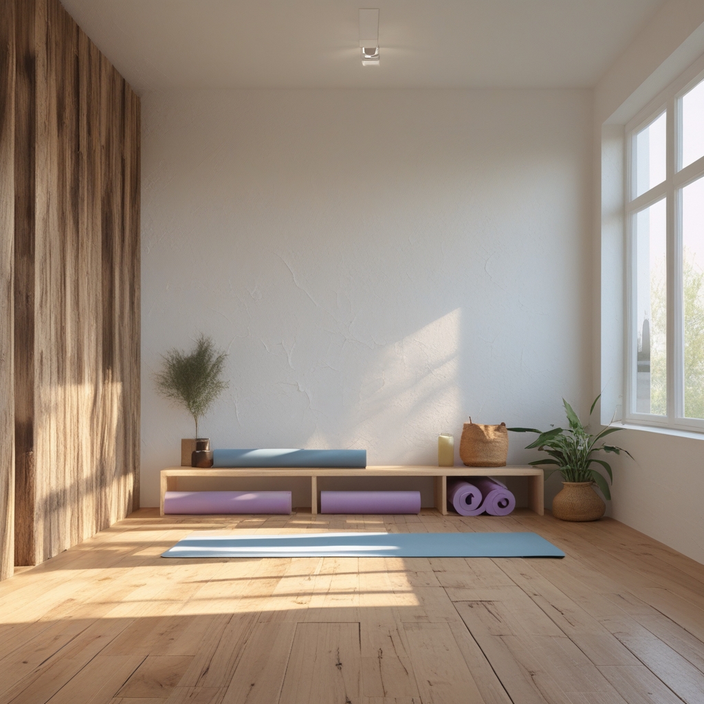 Yoga-Studio mit Holzböden und weißen Wänden, Yogamatten ordentlich aufgerollt in einem Regal, diffuses Morgenlicht fällt durch hohe Fenster, ruhige minimalistische Atmosphäre