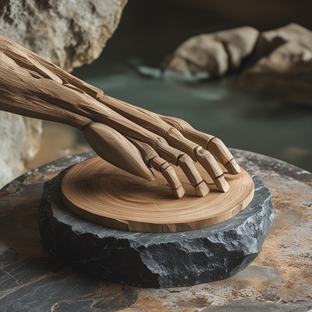 Abstrakte Nahaufnahme eines Holzgelenk-Modells mit Schnüren, die Muskeln und Sehnen symbolisieren, auf einem Tisch aus dunklem Naturstein mit tiefem Schattenwurf