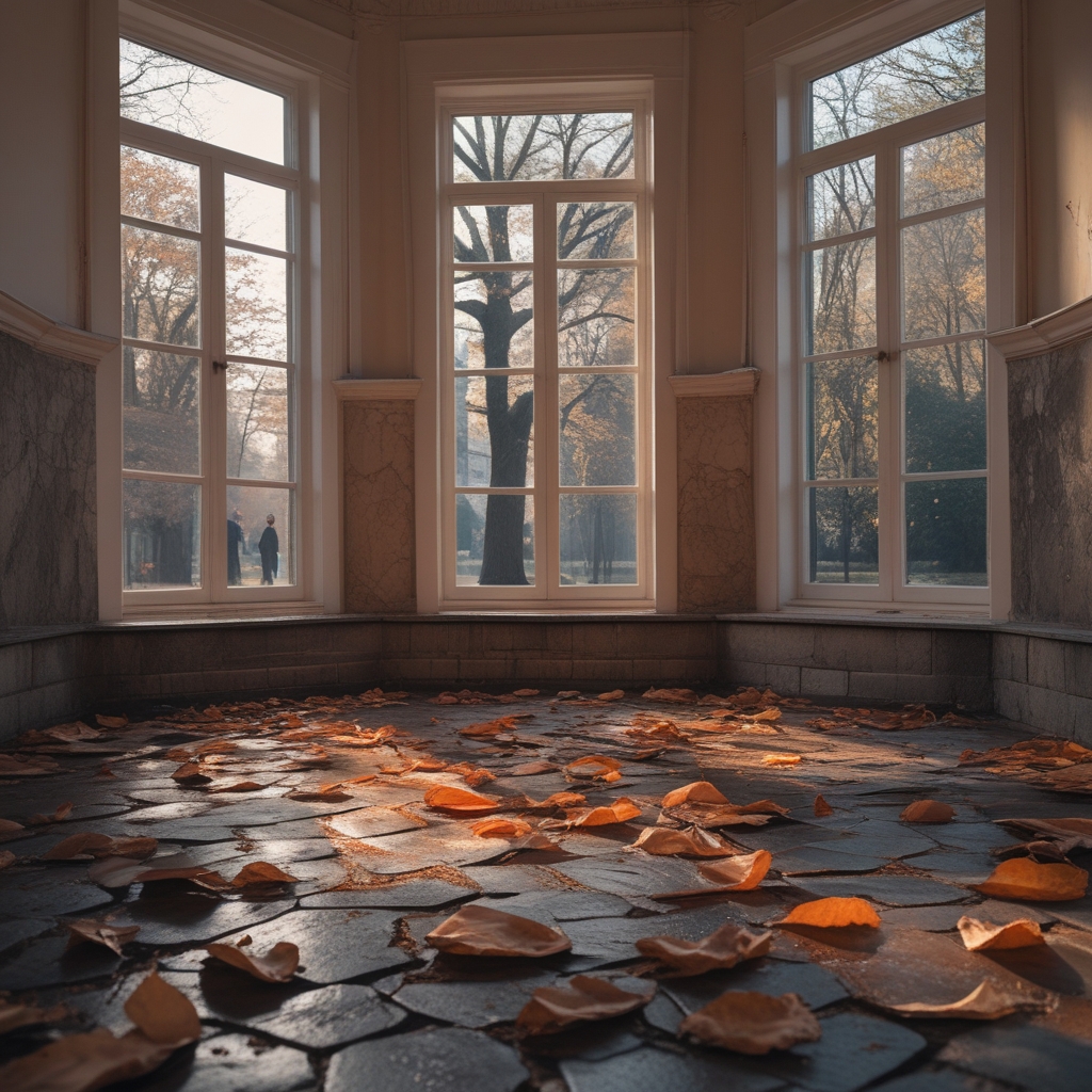 Ruhiger Spazierweg in einem Stadtpark im Herbst, gefallene Blätter auf dem Boden, warmes seitliches Licht, keine Menschen im Bild