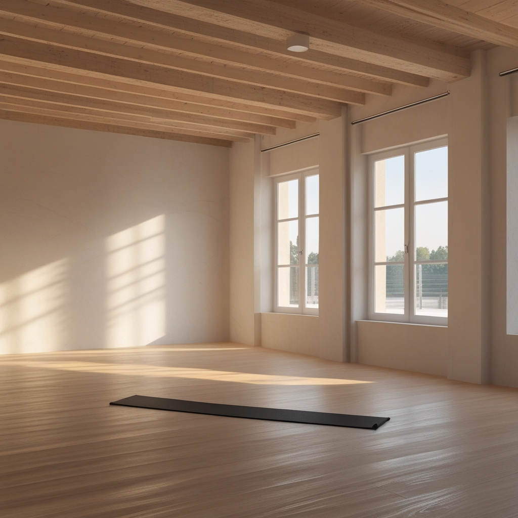 Ruhiger, minimalistischer Trainingsraum mit Holzboden und großen Fenstern, die weiches Morgenlicht hereinlassen, ein einzelnes Gymnastikband liegt auf dem Boden